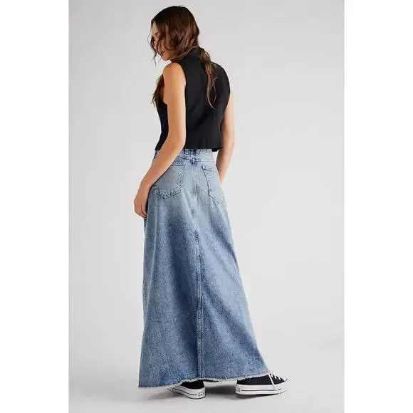 New Free People Come As You Are Denim Maxi Skirt in Medium Indigo Women's Size 2 - Picture 2 of 10